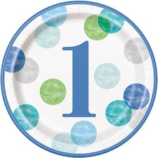 First Birthday Boy Blue Dots Round Paper Plates 22cm - Pack of 8