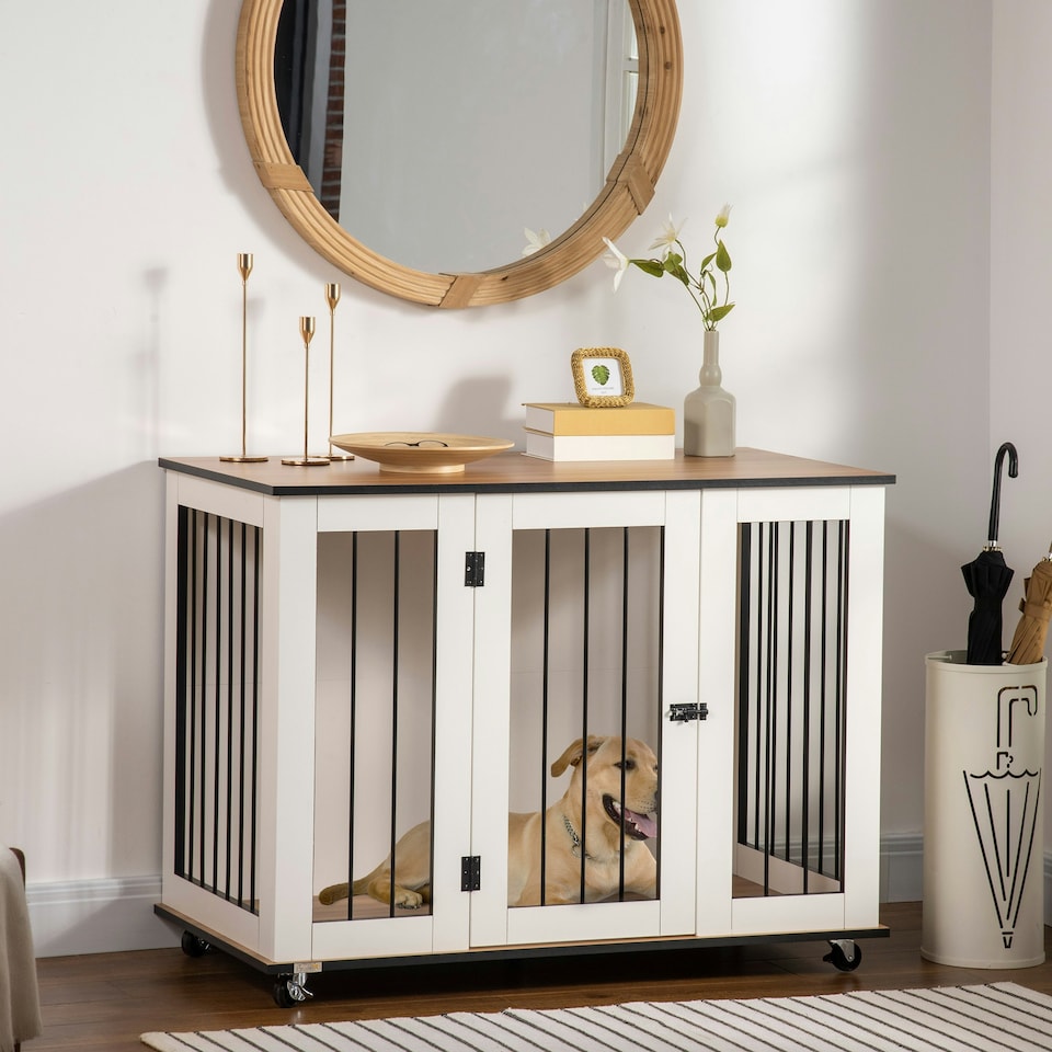 image 1 of PawHut Dog Crate Furniture with Lockable Door, for Large Dogs - White