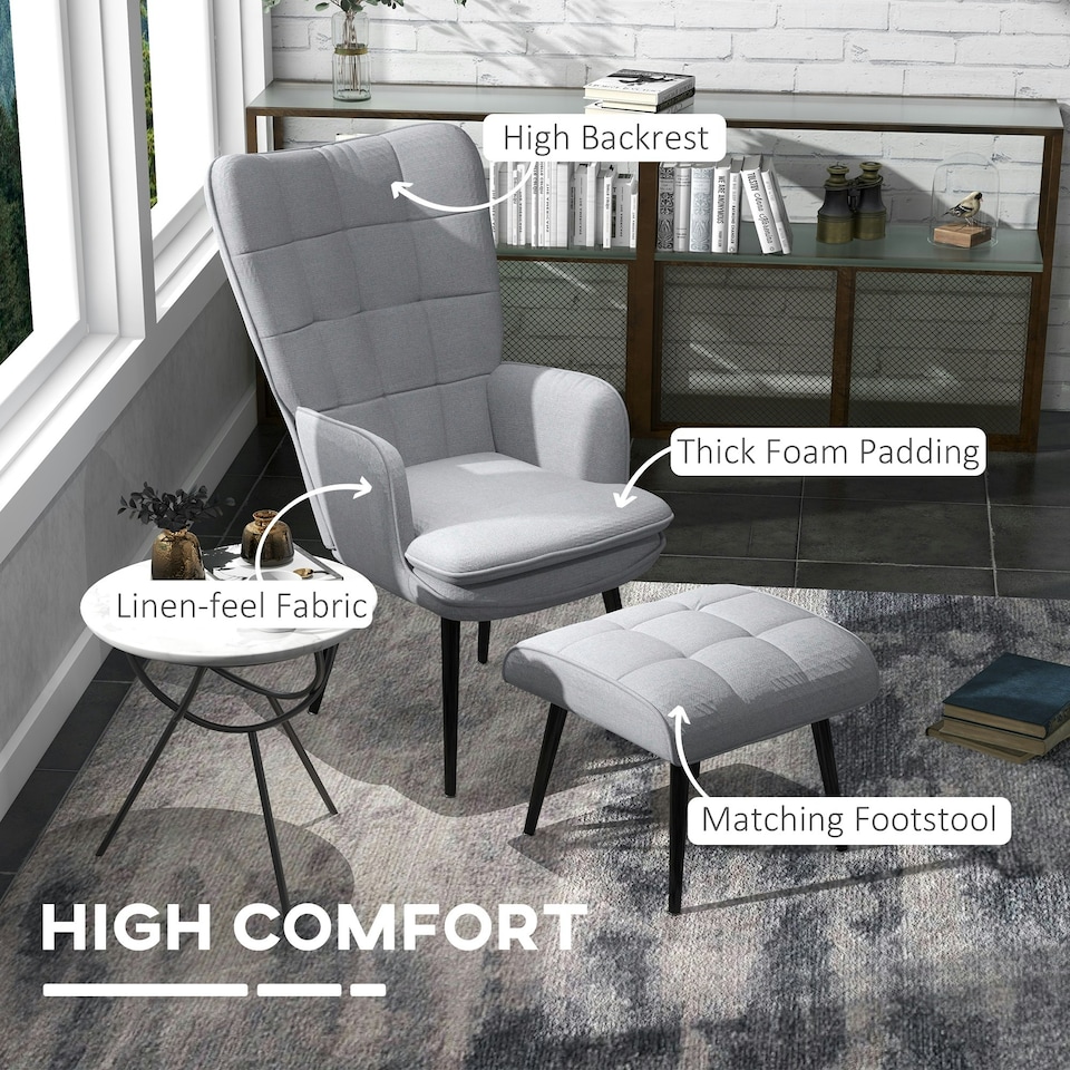 image 1 of HOMCOM Living Room Chair with Footstool and Steel Legs, Light Grey