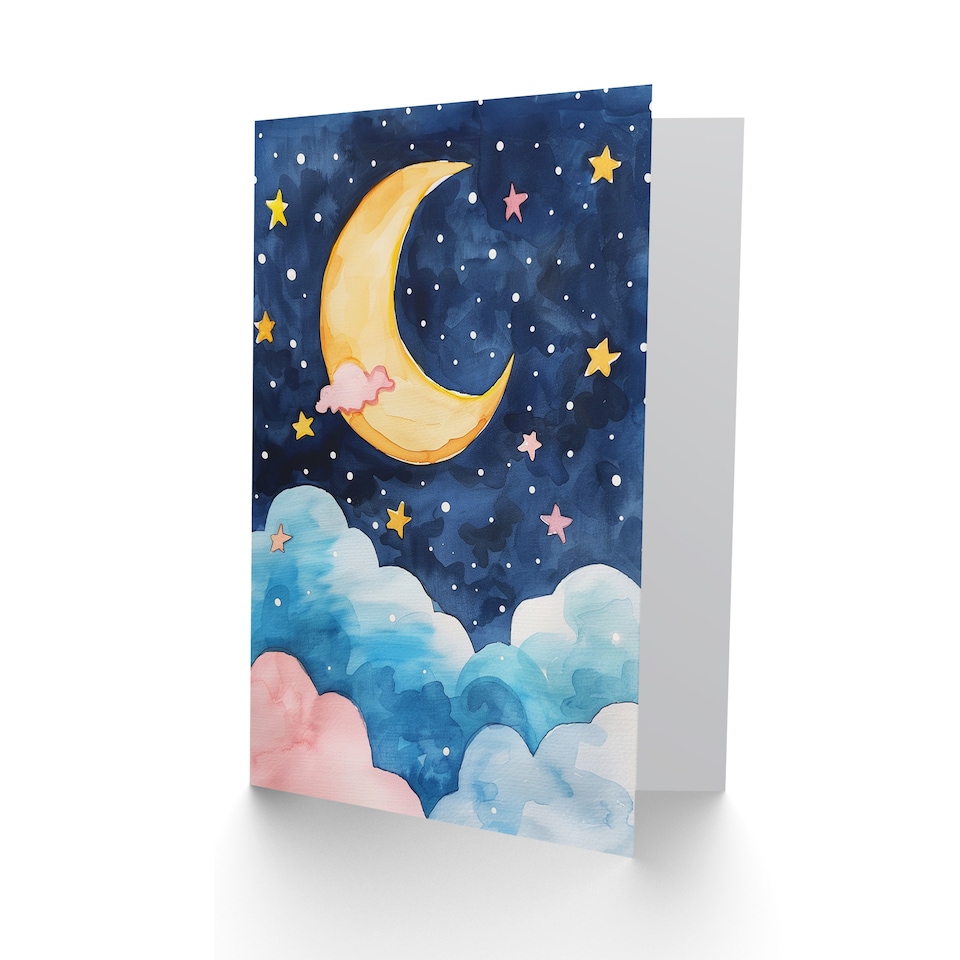 image 1 of Crescent Moon Stars Clouds Night Sky Watercolour Thank You Card