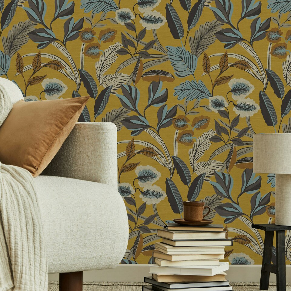 image 1 of Sublime Paradise Arts Ochre Wallpaper | Yellow | Green | 10m Length x 52cm Width