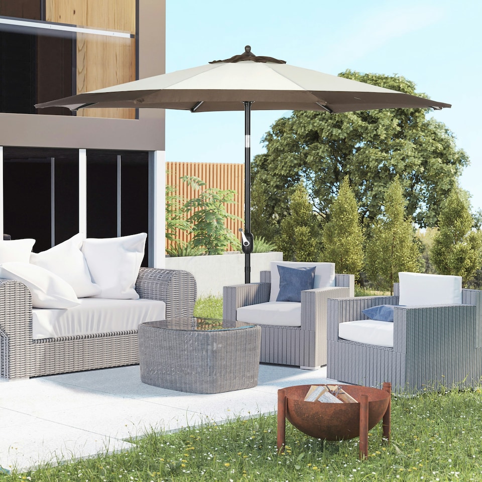 image 1 of Outsunny 2.7m Garden Parasol Umbrella with 8 Metal Ribs, Tilt and Crank, Coffee