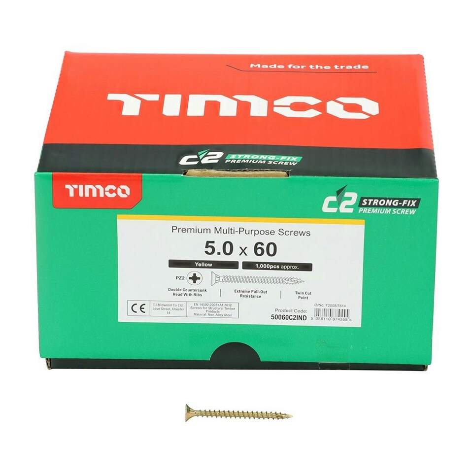 image 1 of Timco - C2 Strong-Fix Multi-Purpose Premium Screws - Industry Pack - PZ - Double Countersunk - Yellow (Size 5.0 x 60 - 1000 Pieces)