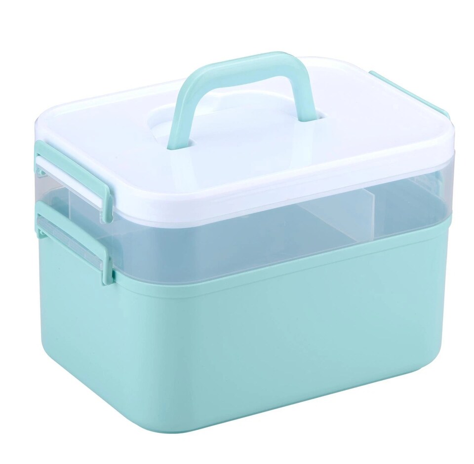 image 1 of Portable Sewing Accessories Box Kit 2 Layer Storage Organiser Trays Carry Handle | Multi | Mint Green | 1
