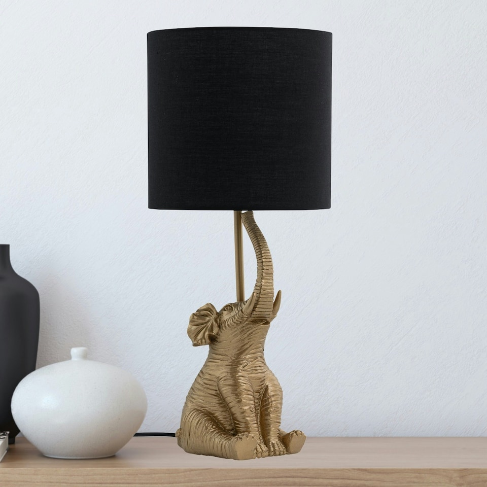 image 1 of First Choice Lighting Elephant Gold Resin Table Lamp With Black Fabric Shade Gold | Black