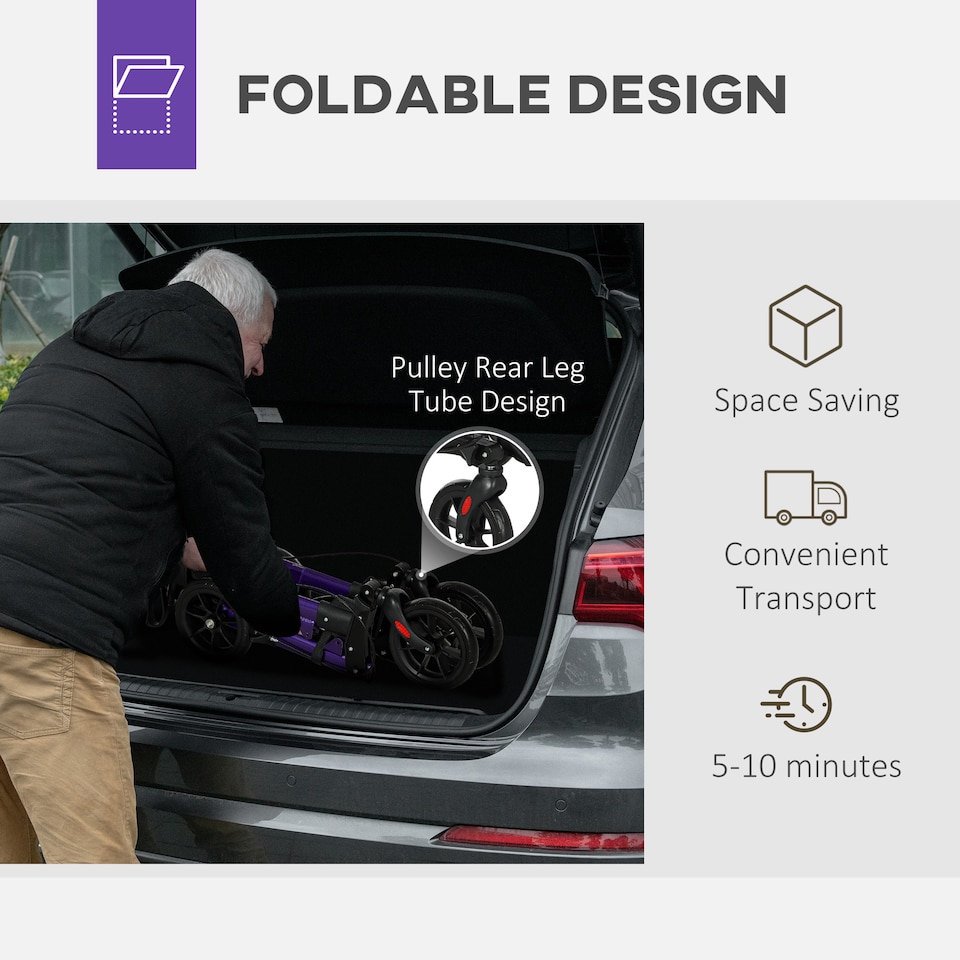 image 1 of HOMCOM Folding Rollator Walker with Seat, Backrest, Lightweight Walking Frame with Storage Bag, Dual Brakes, Adjustable Handle Height, Suspension System, 4 Wheeled Walker for Seniors, Purple