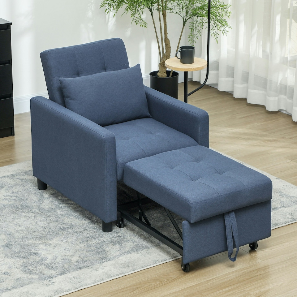 image 1 of HOMCOM Convertible Single Chair Bed with Upholstered Fabric, Blue 