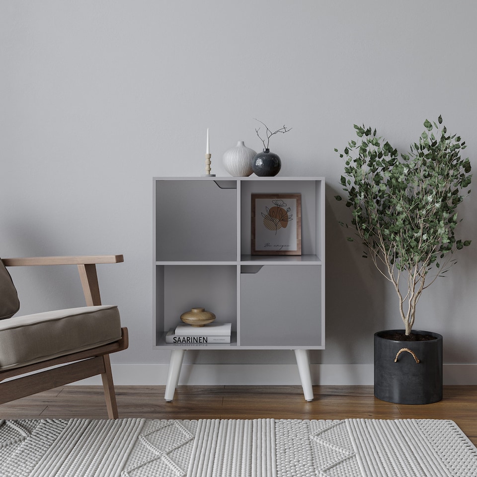 image 1 of Grey 4-Cube Storage Unit with 2 Wooden Doors and Legs | Grey | Grey & White | 1