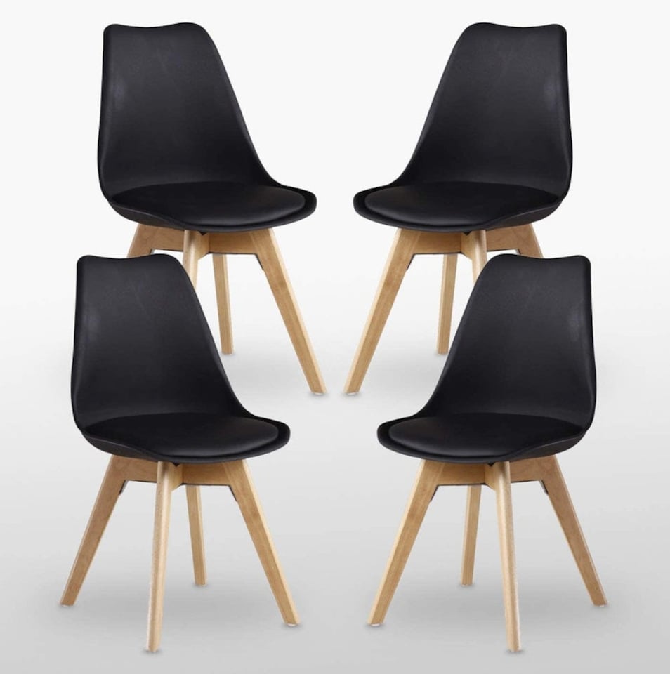 image 1 of 5PCs Dining Set - a Black Round Dining Table & Set of 4 White Lorenzo Tulip chairs with Padded Seat | Black