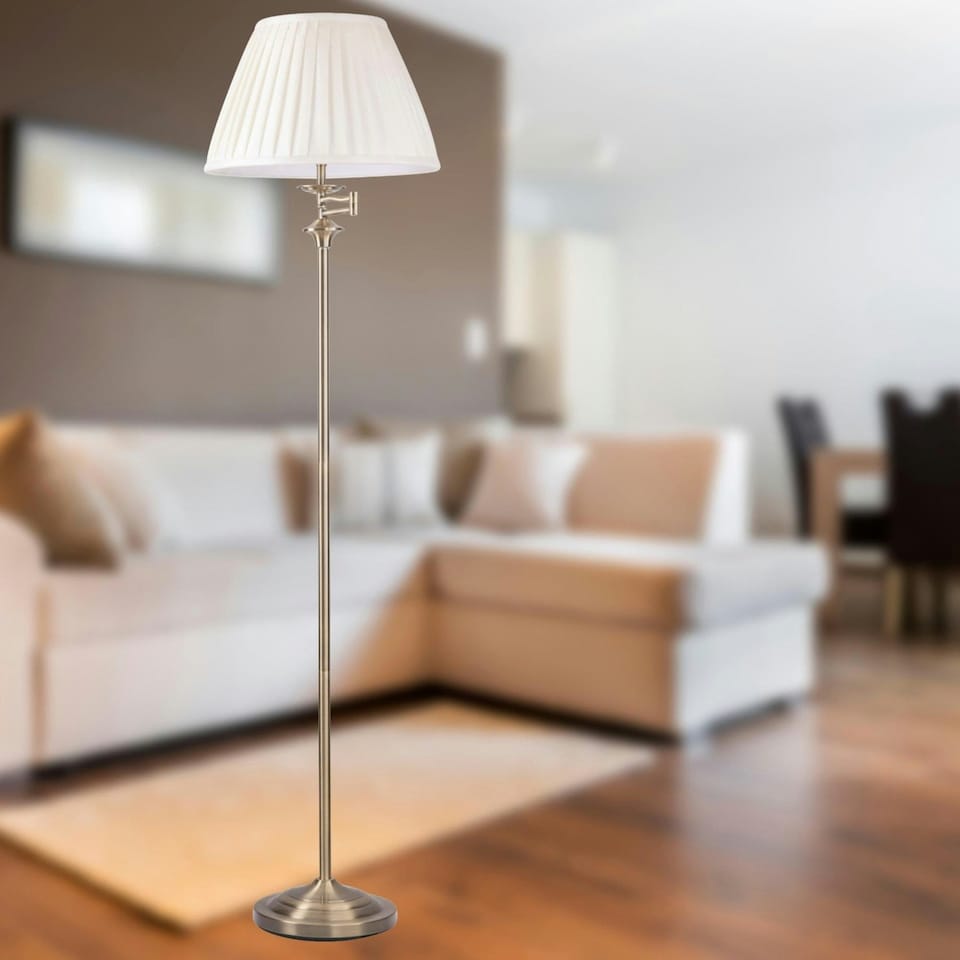 image 1 of First Choice Lighting Antique Brass Swing Arm Floor Lamp with White Pleated Shade Bronze | White