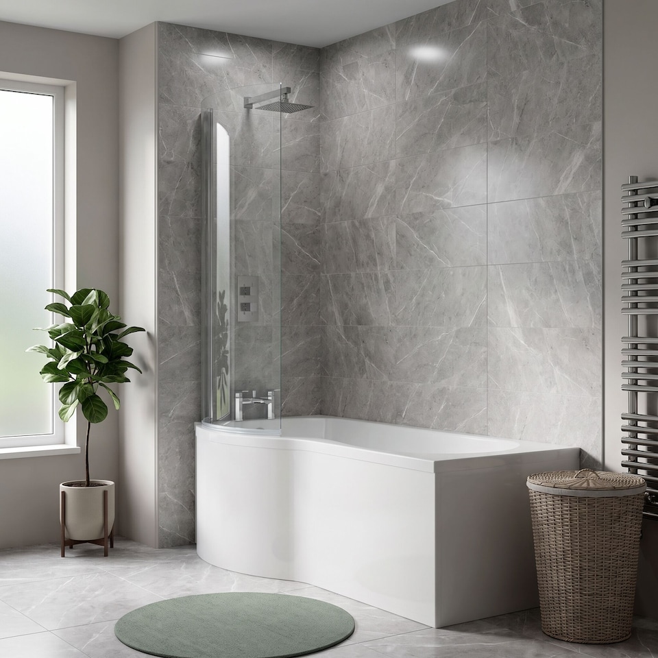 image 1 of Balterley P-Shaped Acrylic Bath Panel for Shower Baths with Curved Front Design