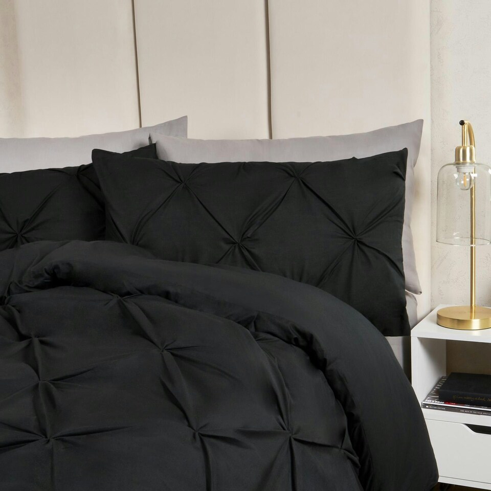 image 1 of OHS Pinch Pleat Diamond Pintuck Duvet Cover and Pillowcase Bedding Set, King - Black