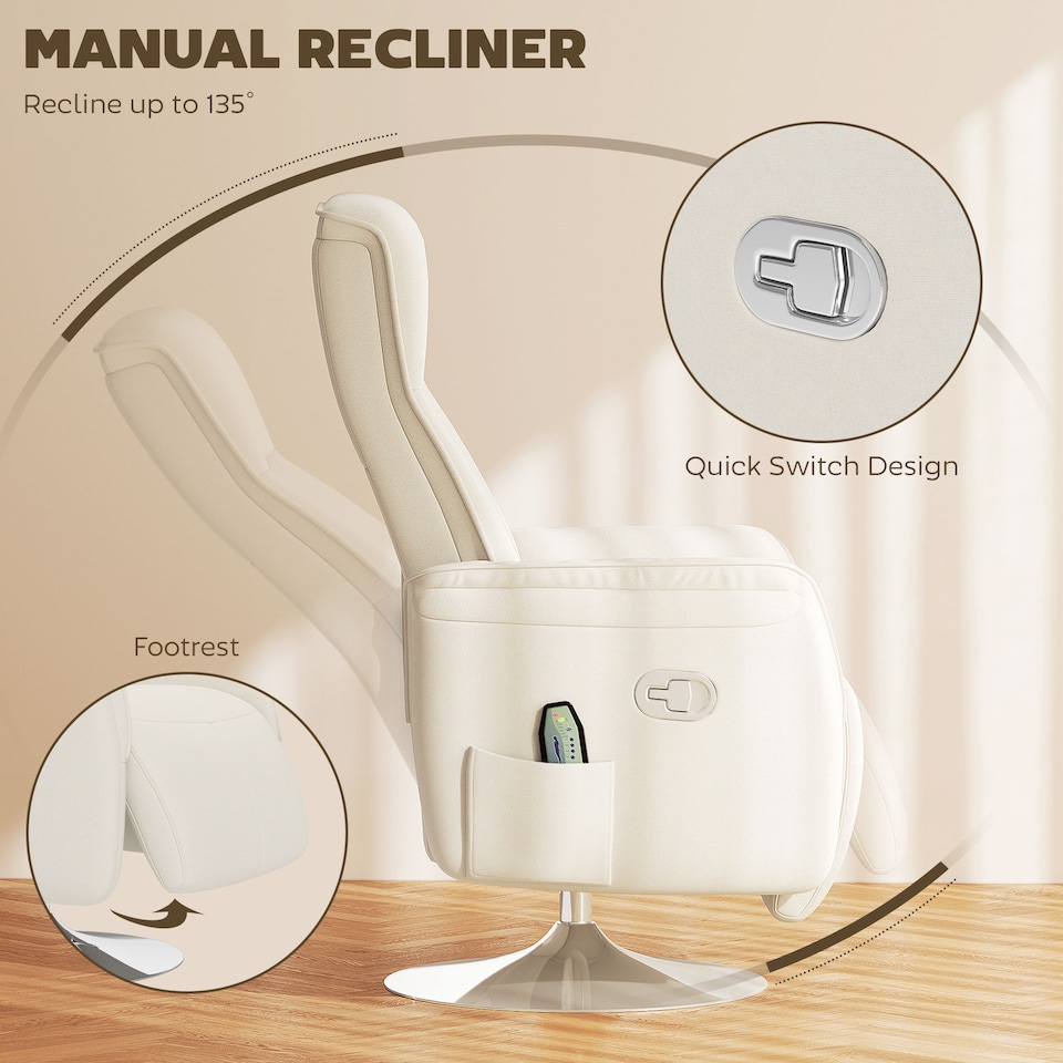 image 1 of HOMCOM Massage Recliner Chair with Footstool, Upholstered Reclining Armchair with Adjustable Backrest and Steel Frame, Breathable Linen Fabric Swivel Chair for Living Room, Bedroom, Cream White | Cream | Cream