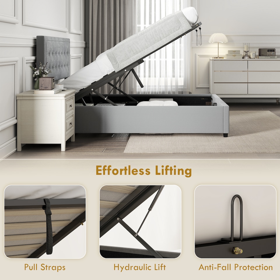 image 1 of HOMCOM Upholstered Ottoman Bed with Storage Drawer and Adjustable Headboard, 4ft6 Double Size Bed Frame with Gas Lift End Opening, Wooden Slats, No Mattress, Grey