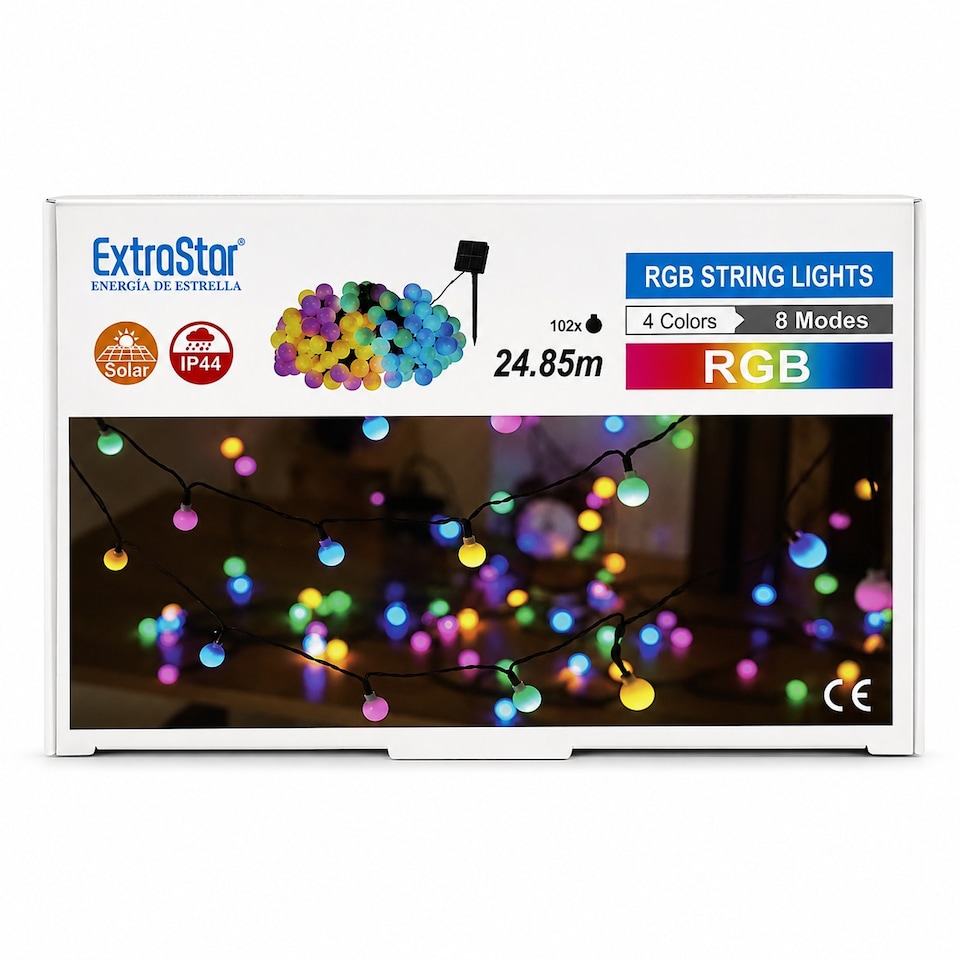 Solar LED RGB String Lights 24.85m 160 Multi Colour Bulbs Outdoor Garden Fairy Lights 8 Modes
