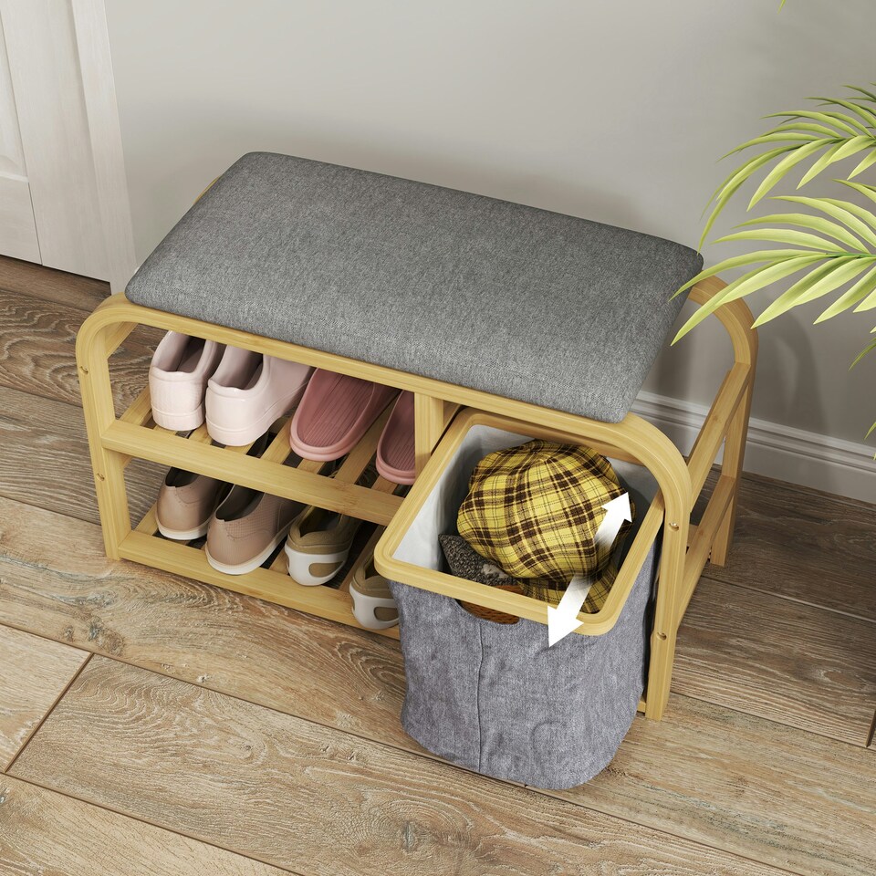 image 1 of HOMCOM Shoe Rack Bench with Seat for Hallway, Entryway, Nature Wood Finish Yellow