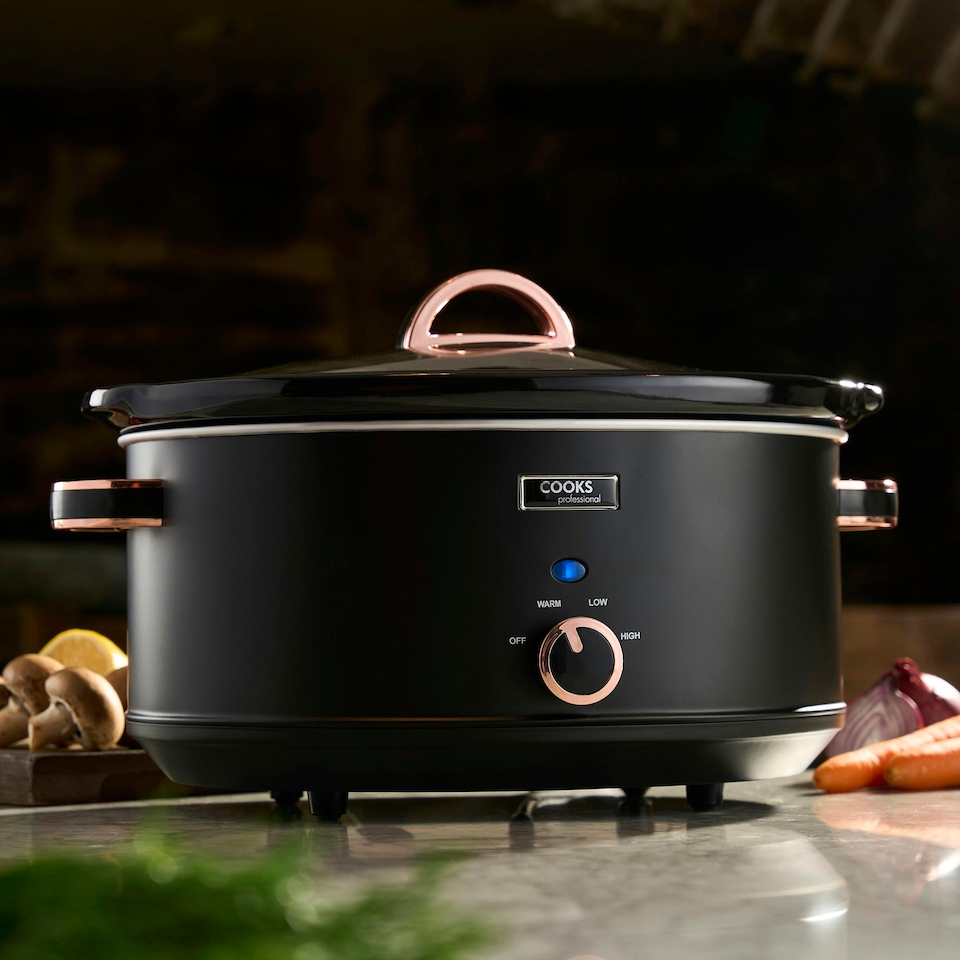 image 1 of Cooks Professional Slow Cooker 6.5 Litre with Dishwasher Safe Bowl, 2 Heat Settings & Keep Warm Function | Black & Rose Gold