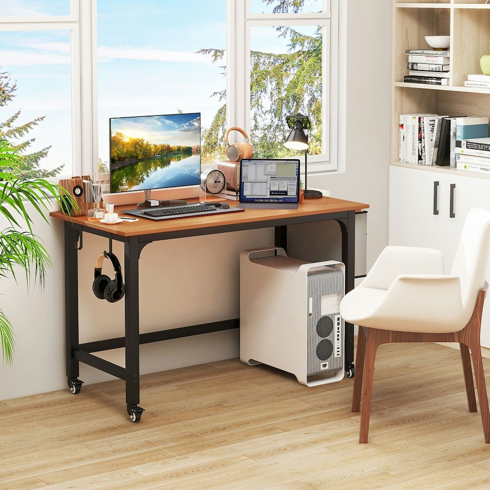 image 1 of COSTWAY Mobile Computer Desk 120cm Home Office Desk Teak Brown