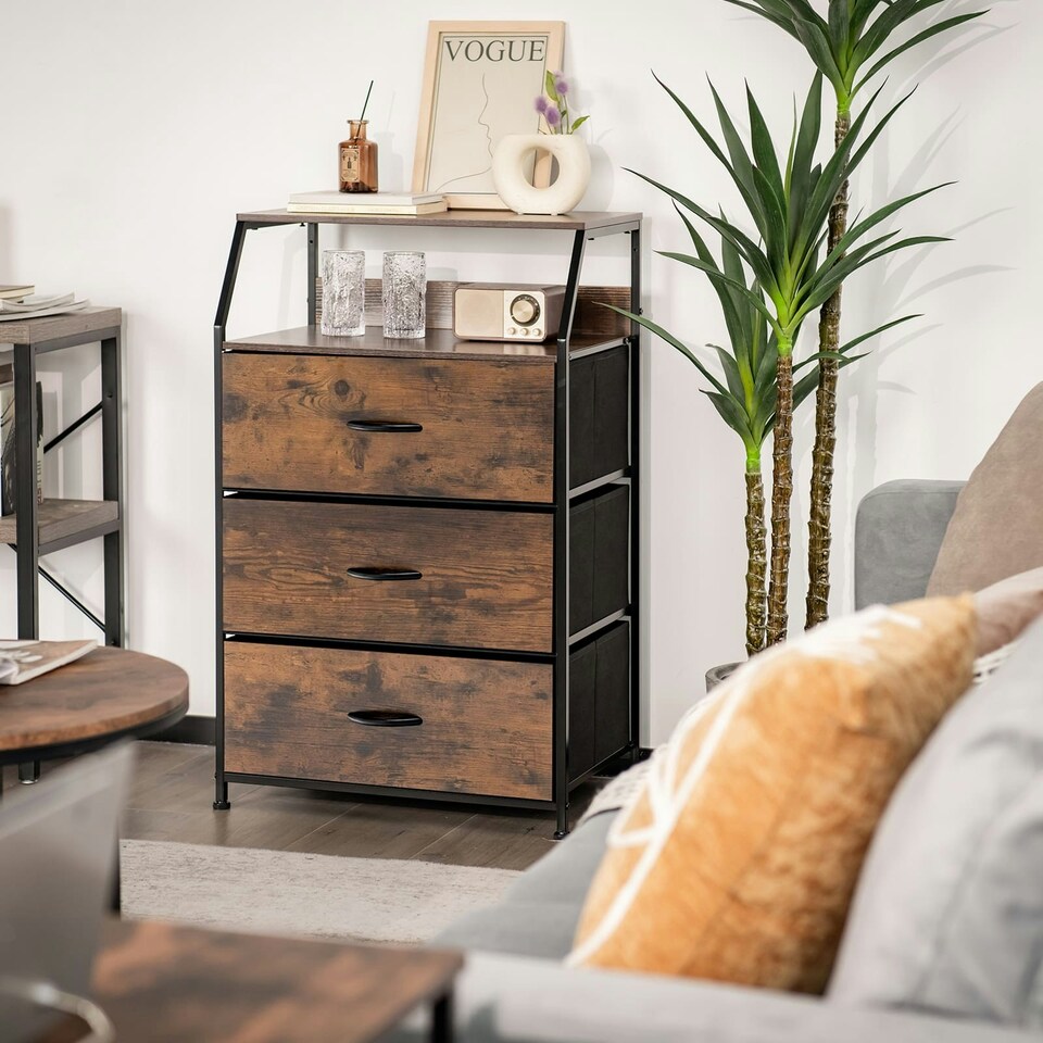 image 1 of COSTWAY 3-Drawer Storage Cabinet Dresser Organizer W/ Shelf Brown