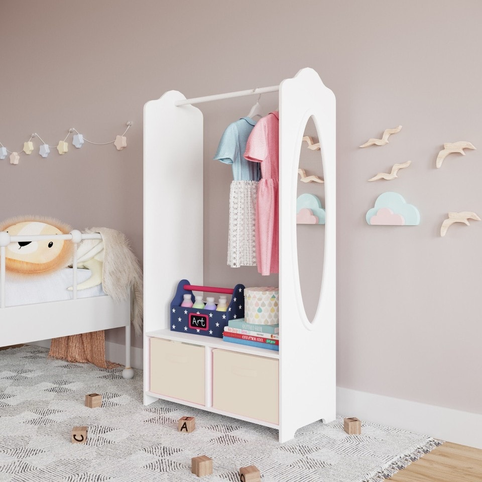 image 1 of Kids MDF Wooden Hanging Clothes Rail Wardrobe Storage Shelves with Inserts Mirror | Cream | Cream