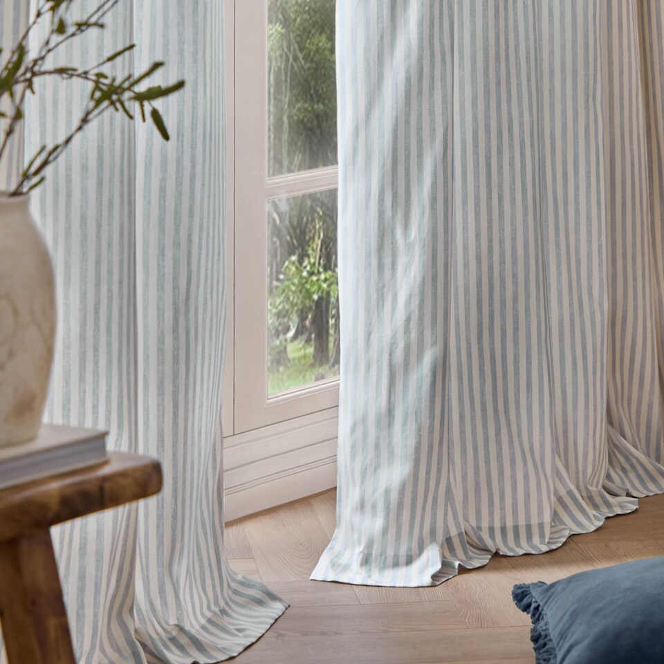 image 1 of Hebden Striped Cotton Eyelet Curtain Pair, 168 x 183cm, Mineral Blue | Blue | Marine Blue