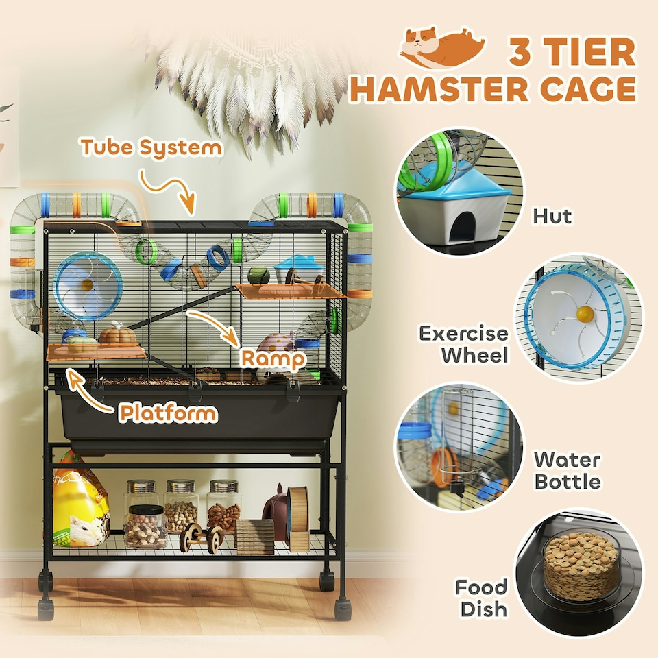 image 1 of PawHut Hamster Cage, 3 Tier Gerbil Cage on Wheels with Storage Shelf
