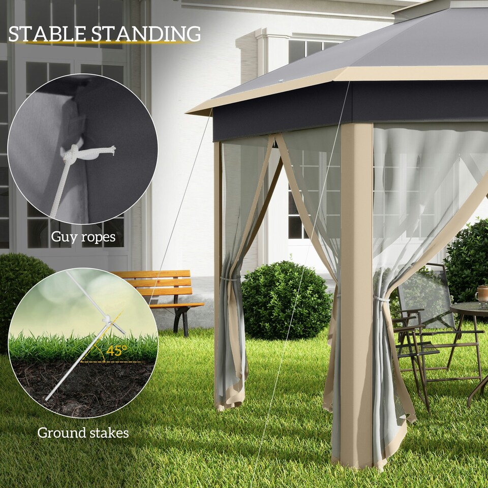 image 1 of Outsunny 3x4m Hexagon Gazebo w/ Mesh Curtains Outdoor Garden, Khaki