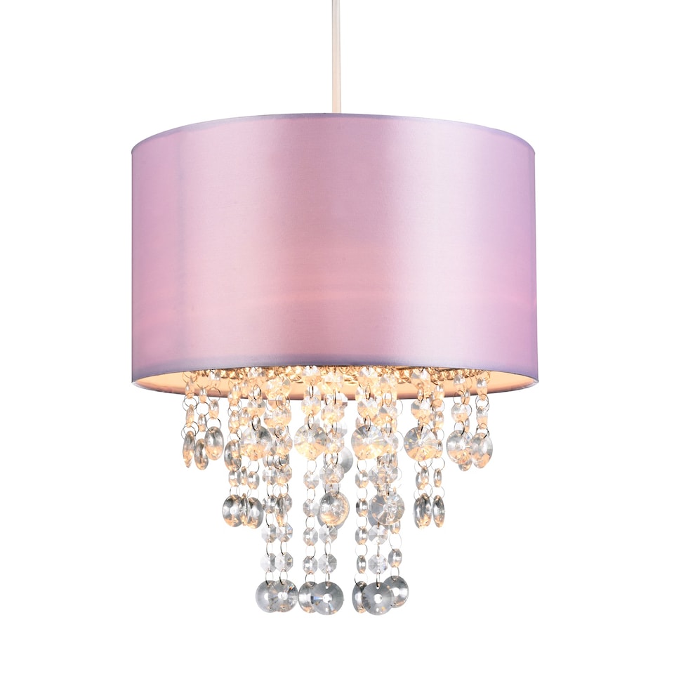 image 1 of Modern Lilac Satin Fabric Pendant Light Shade with Transparent Acrylic Droplets | Purple