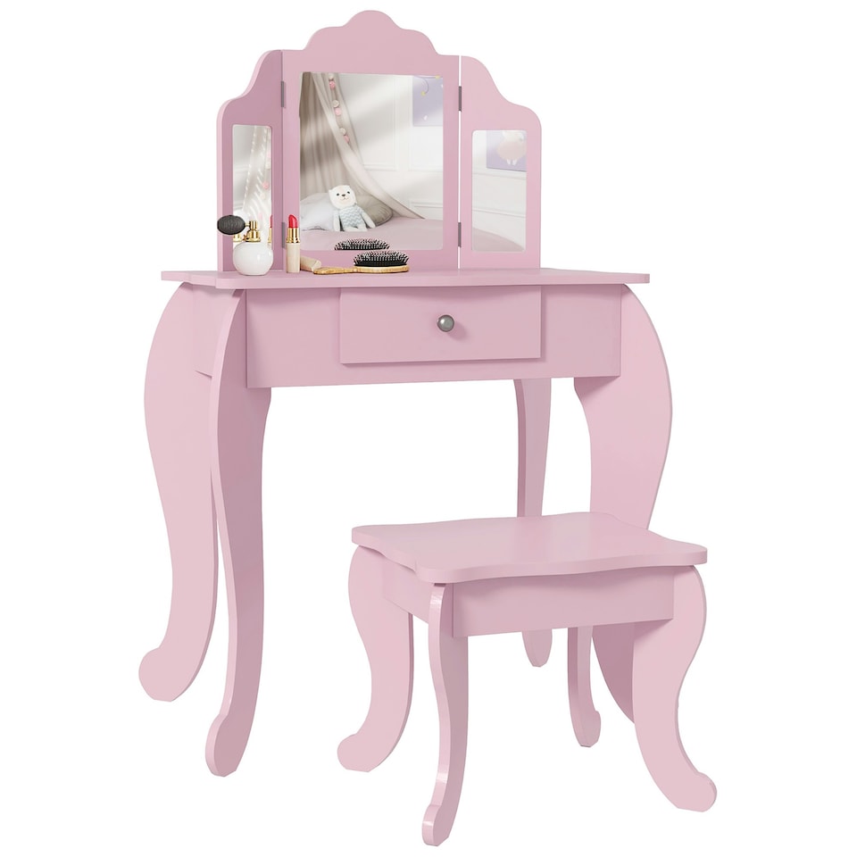 image 1 of HOMCOM Makeup Dressing Table Set with Tri-Folding Mirror and Drawer, Pink Pink
