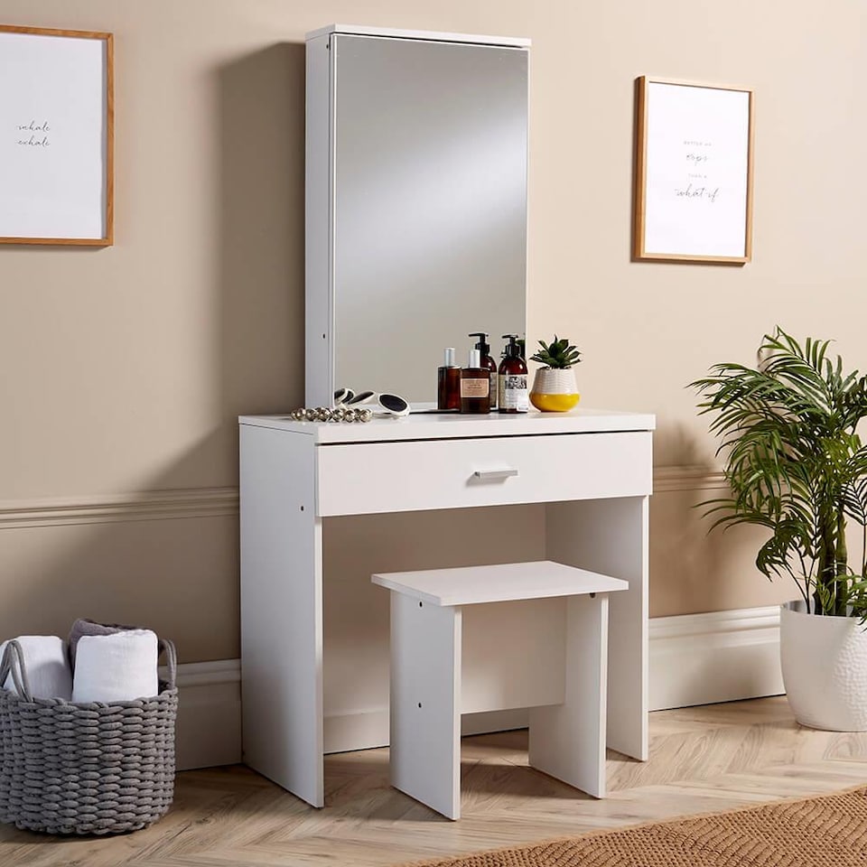 image 1 of Makeup Dressing Table Set With Sliding Storage Space Vanity Mirror and Stool | White