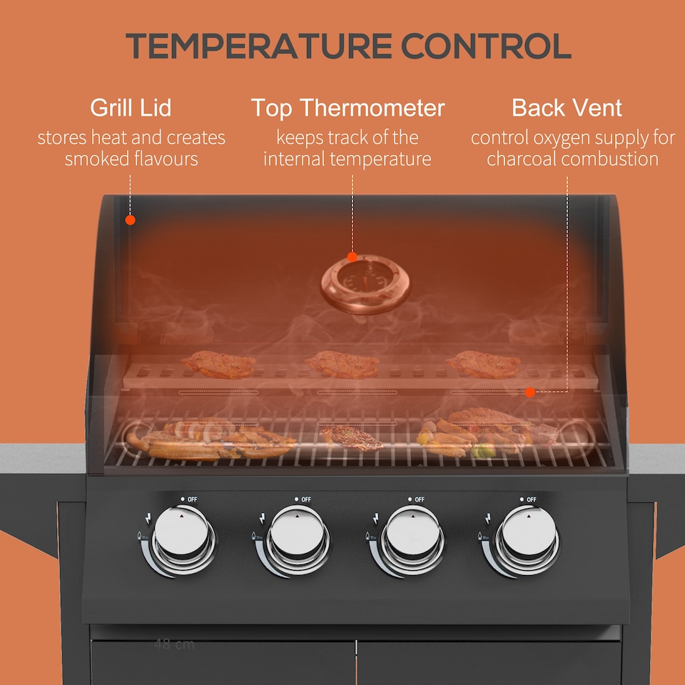 image 1 of Outsunny 4 Burner Gas Grill 11.6 kW Portable Barbecue Trolley with Shelves