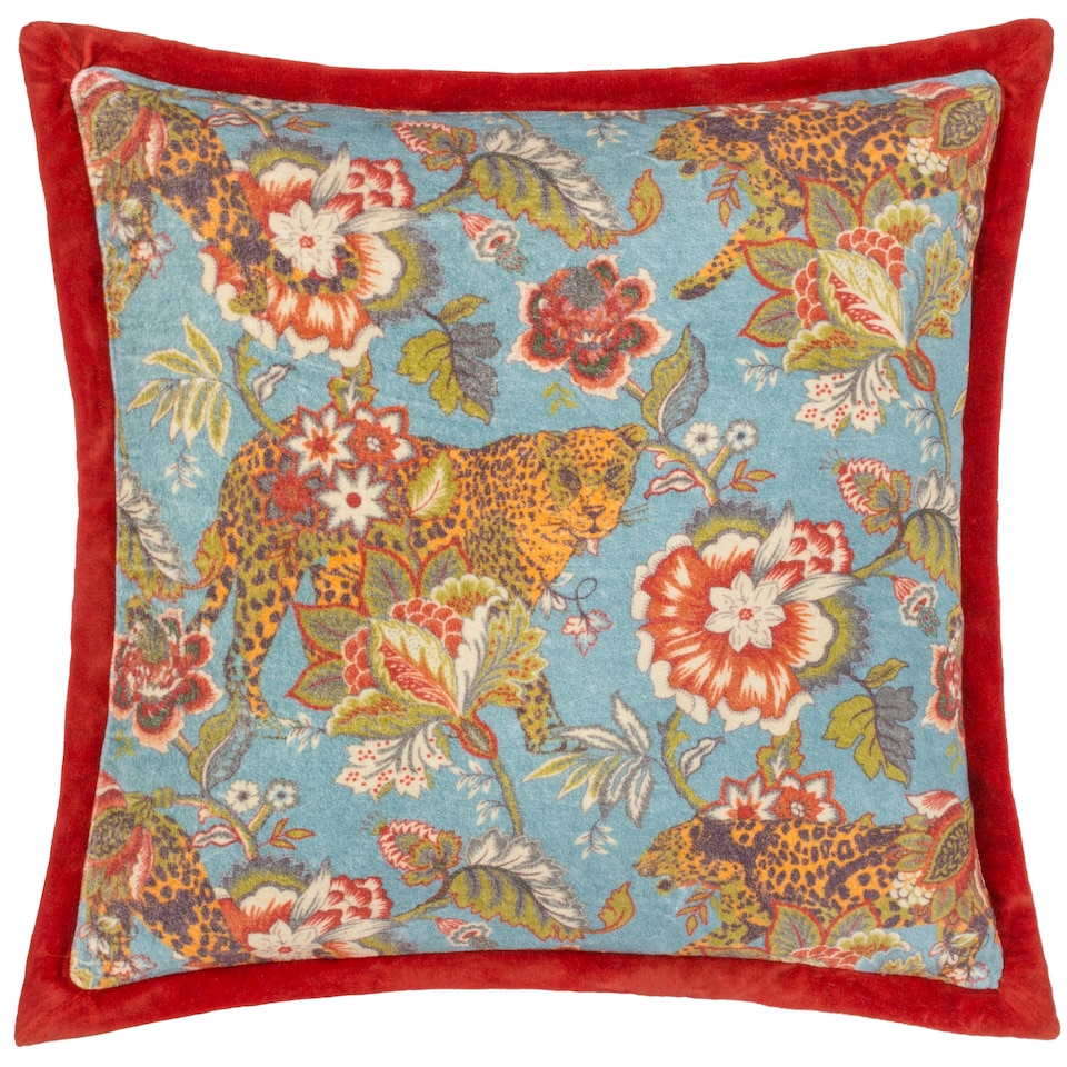 image 1 of Wylder Tropics Jawai Printed Velvet Cushion, Aegan/Tiger, 50 x 50cm