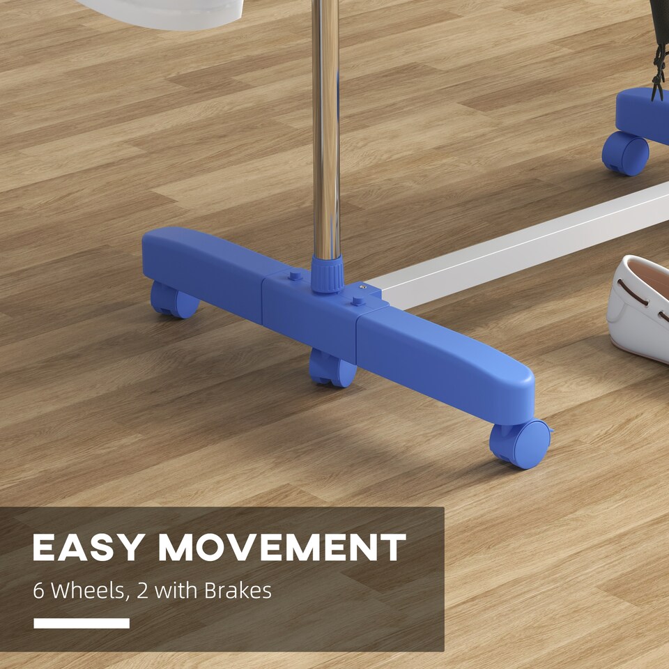 image 1 of HOMCOM 4-Tier Clothes Airer, Stainless Steel Foldable Clothes Drying Rack with Wheels and Wings, Indoor and Outdoor, Easy Assembly, 142 x 55 x 172cm, Blue