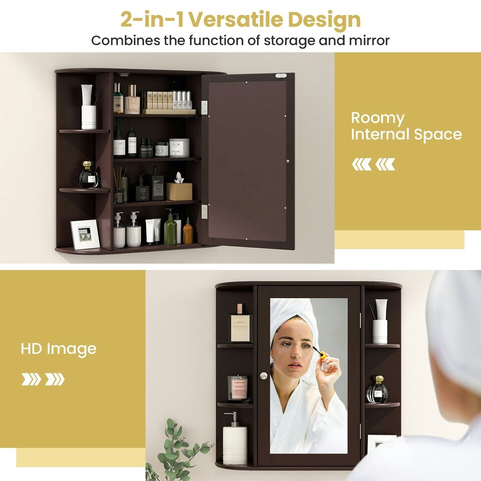 image 1 of COSTWAY Mirrored Bathroom Cabinet Wall Mount Storage Brown Brown