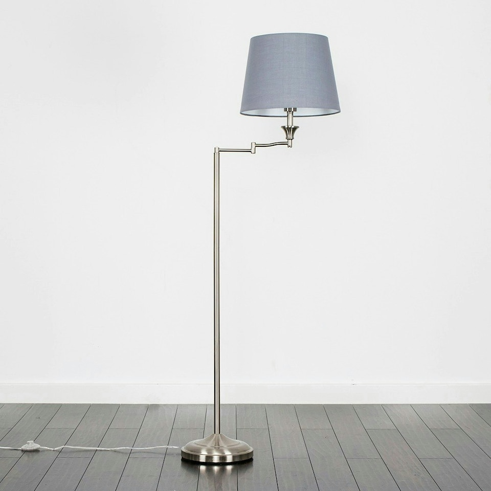 image 1 of ValueLights Adjustable Swing Arm Floor Lamp In Brushed Chrome Finish With Grey Light Shade Grey