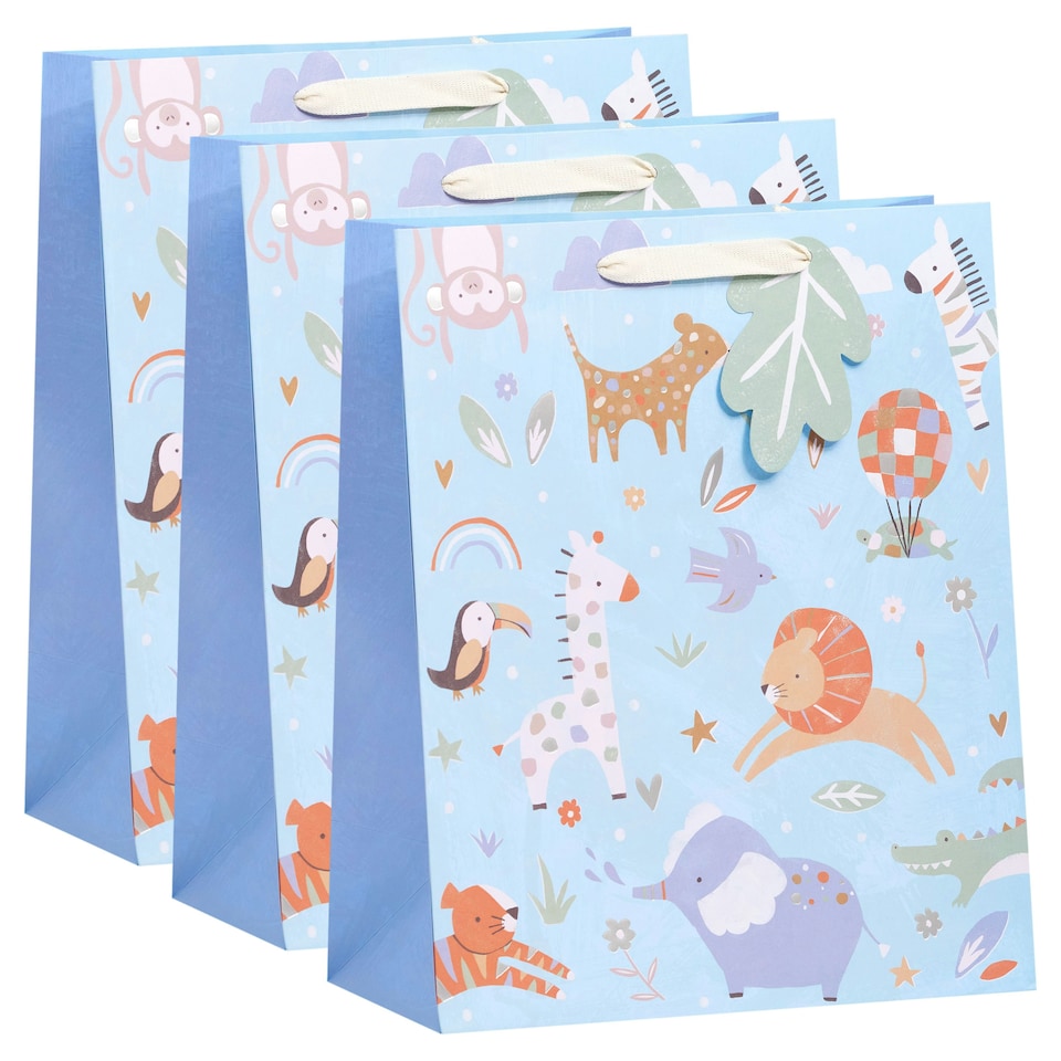 image 1 of Multipack of 3 Large Gift Bags | Party Bags for Presents | New Baby Boy | For Parents | Cute Animals Design Blue