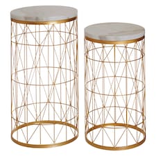 Interiors by Premier Set Of 2 Marble Top Round Side Tables, White Marble Side Tables With Gold Iron Geometric Base, Nesting Tables