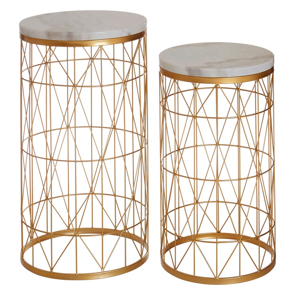 image 1 of Interiors by Premier Set Of 2 Marble Top Round Side Tables, White Marble Side Tables With Gold Iron Geometric Base, Nesting Tables