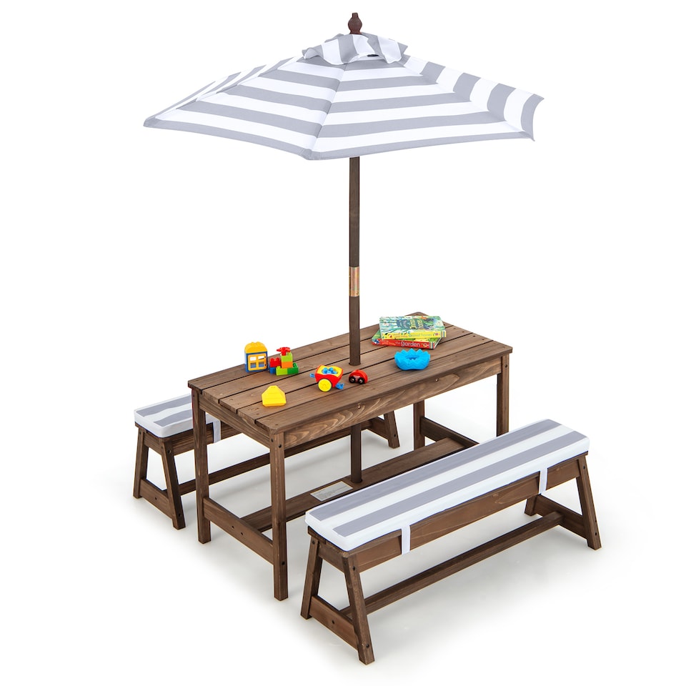 image 1 of COSTWAY 4 PCS Wooden Kids Picnic Table Bench Children Outdoor Activity Desk-Grey