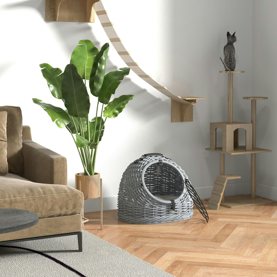 image 1 of Wicker Cat Basket W/ Mat Handle Kitten Pussy Enclosed Bed Portable - Grey