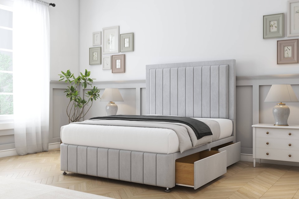 image 1 of Sloomy Pemberton Silver Naples Divan Bed With Mattress 2 Drawers Left Side With 54" Floor Standing Headboard & 12" Matching Footboard 5' King | Silver | Silver | King | 1