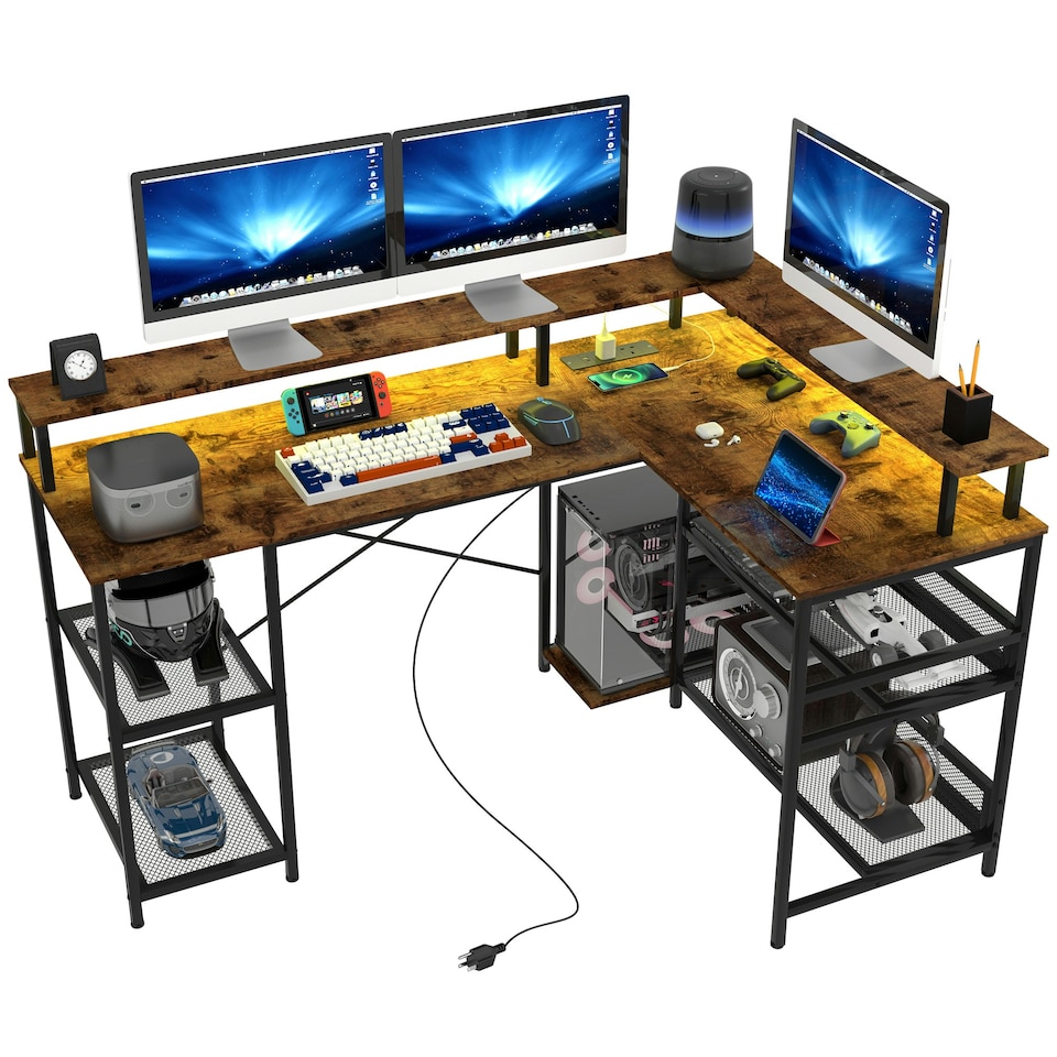 image 1 of HOMCOM L Shaped Gaming Desk w/ LED Lights and Power Outlets for Small Space