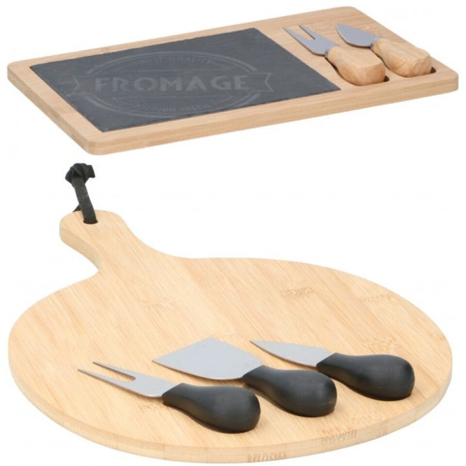 image 1 of Bamboo Wooden Cheese Board Set Fork Knives Kitchen Slate Christmas Present Gift N/A