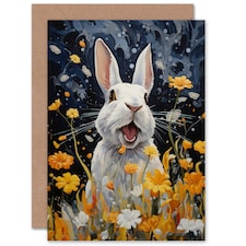 Moonlit White Florals Kids Rabbit Birthday Child Card