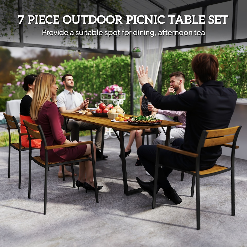 image 1 of Outsunny 7 Piece Garden Dining Set, Fir Wood Garden Furniture Set with Rectangle Table and 6 Stackable Chairs, Umbrella Hole, Slatted Top and Steel Frame, for Patio Balcony Porch, Brown