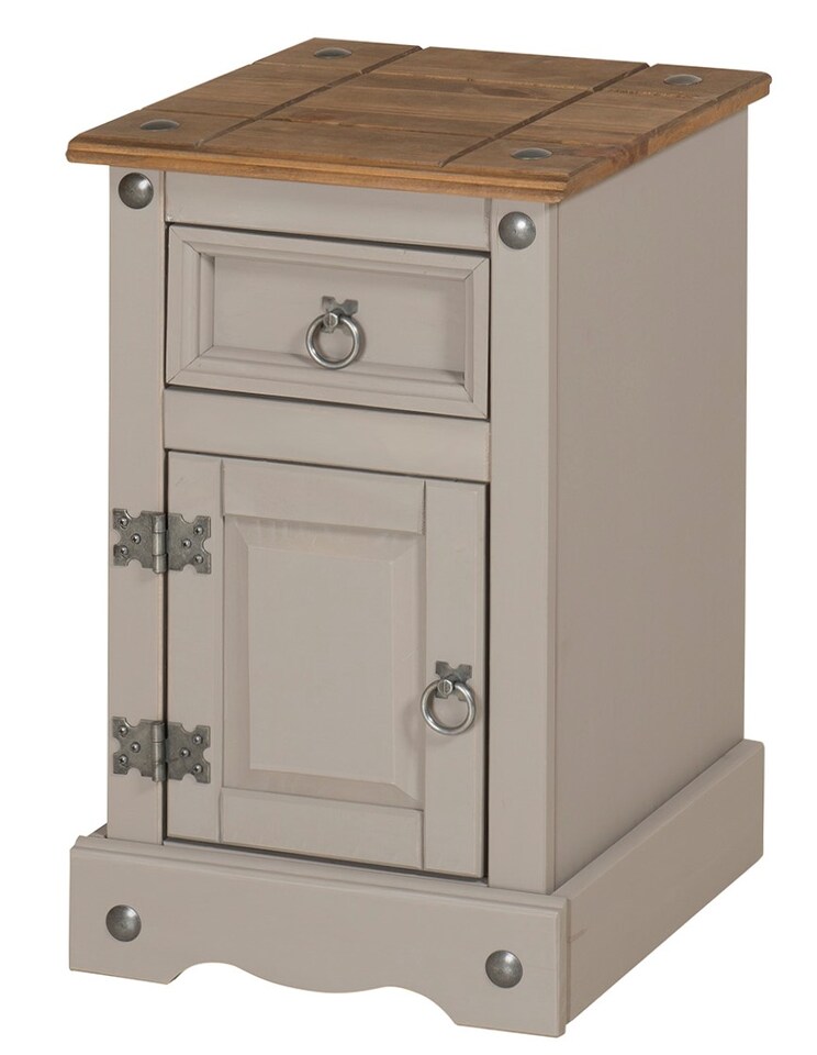 image 1 of Mercers Furniture Corona Grey Wax Narrow Pot Cupboard Bedside Cabinet 1 Door 1 Drawer Table Solid Wood Pine Wooden Bedroom with Mexican Styling