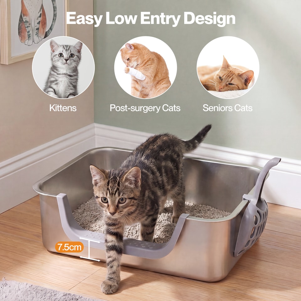 image 1 of Skylos Cat Litter Tray Stainless Steel 7.5cm Low Entry High Sides 201 Steel