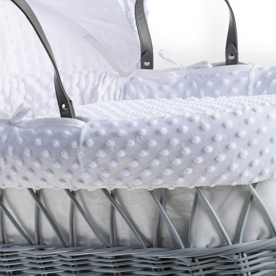 image 1 of Clair de Lune White Dimple Grey Wicker Moses Basket With Grey Rocking Stand