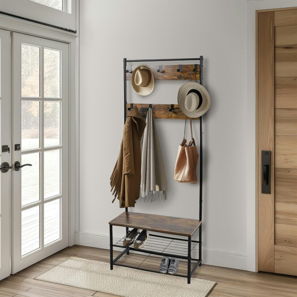 image 1 of Coat Rack Stand with Shoe Storage Bench 9 Hooks Rustic Light Brown Entrance Hall House of Home Rustic Brown Brown | Light Rustic Brown | One Size