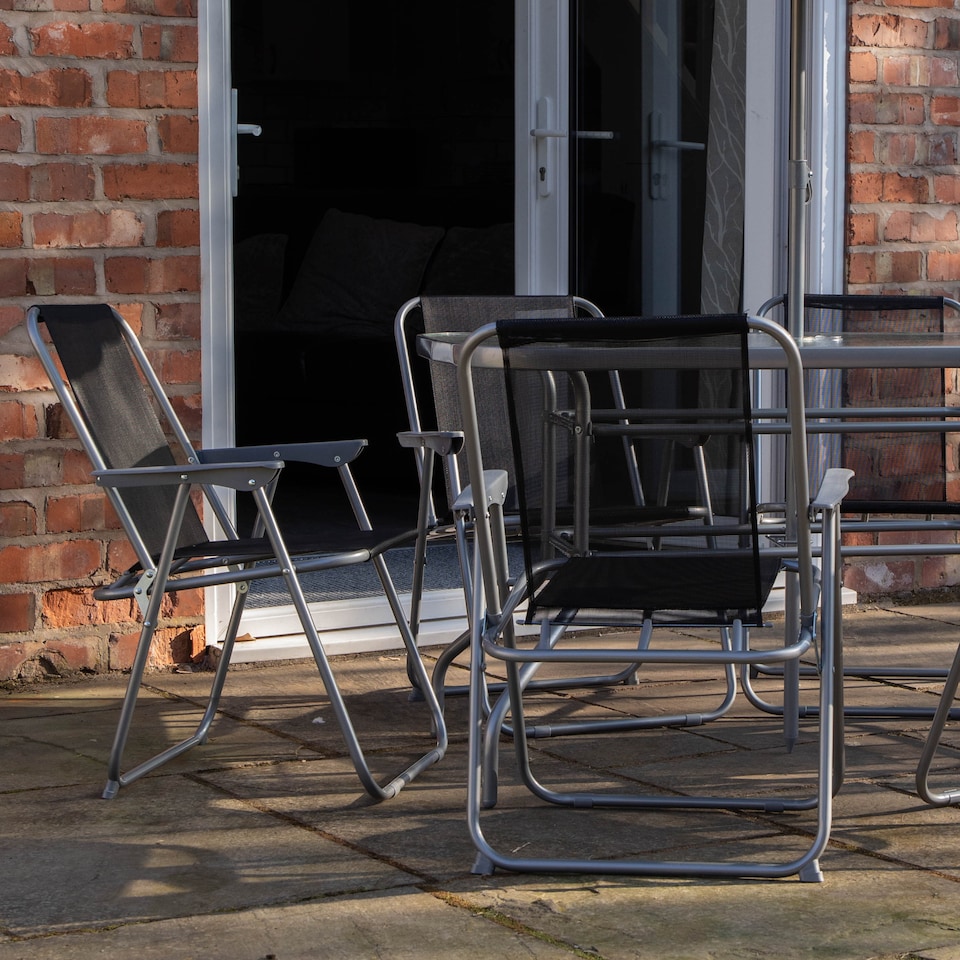 image 1 of 6 Person Garden Furniture Patio Set Table, 6 Chairs & Parasol with Black Glass